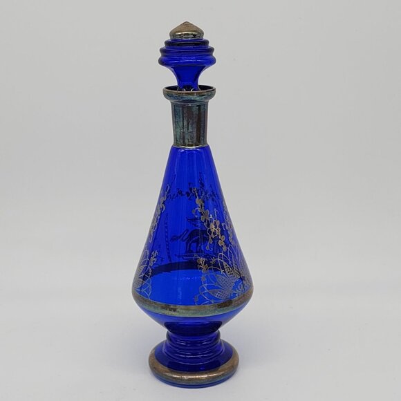 Cobalt Blue Silver Inlay Decanter Bar Set Barware PAX TIBI Angel Lion MCM Vintag - Picture 5 of 8